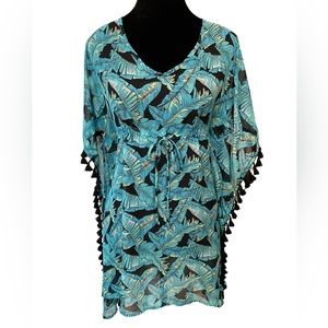 Miken Swim Blue Boho Hippie Tropical Feather Sheer Kaftan Swim Dress Coverup